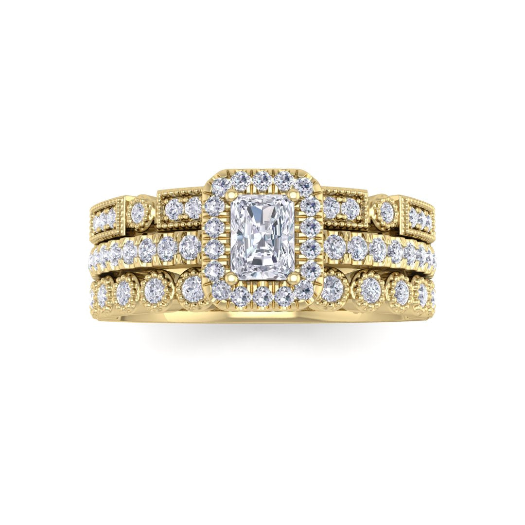 14k Yellow Gold 0.33ct Emerald Cut Diamond Halo Bridal Set 0.83tdw