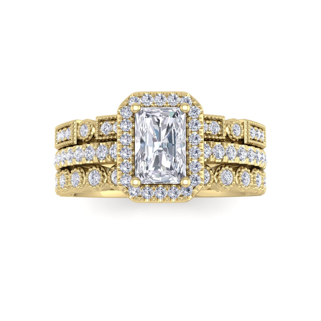 14k Yellow Gold 0.75ct Emerald Cut Diamond Halo Bridal Set 1.25tdw