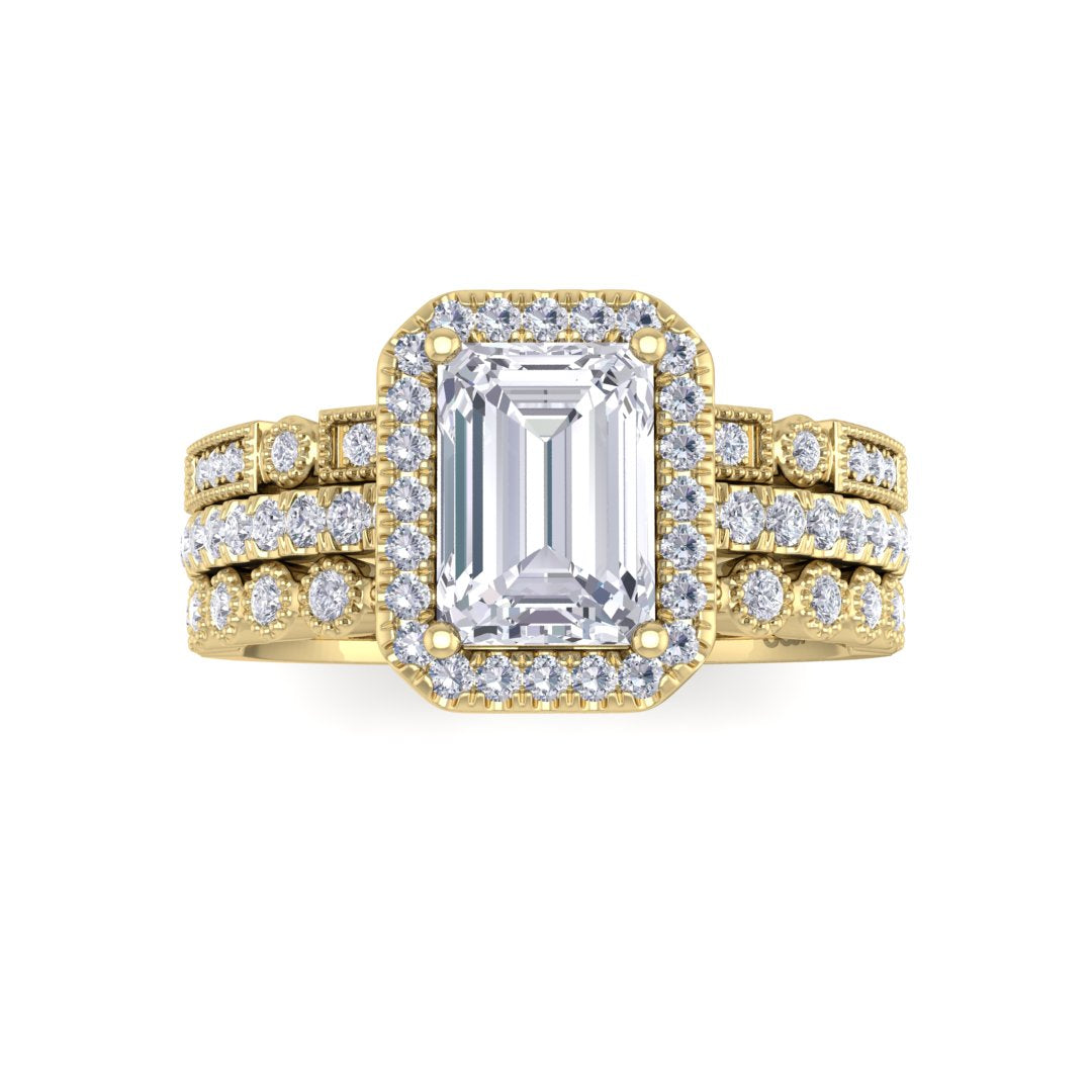 18k Yellow Gold 1.0ct Emerald Cut Lab Diamond Halo Bridal Set 1.5tdw