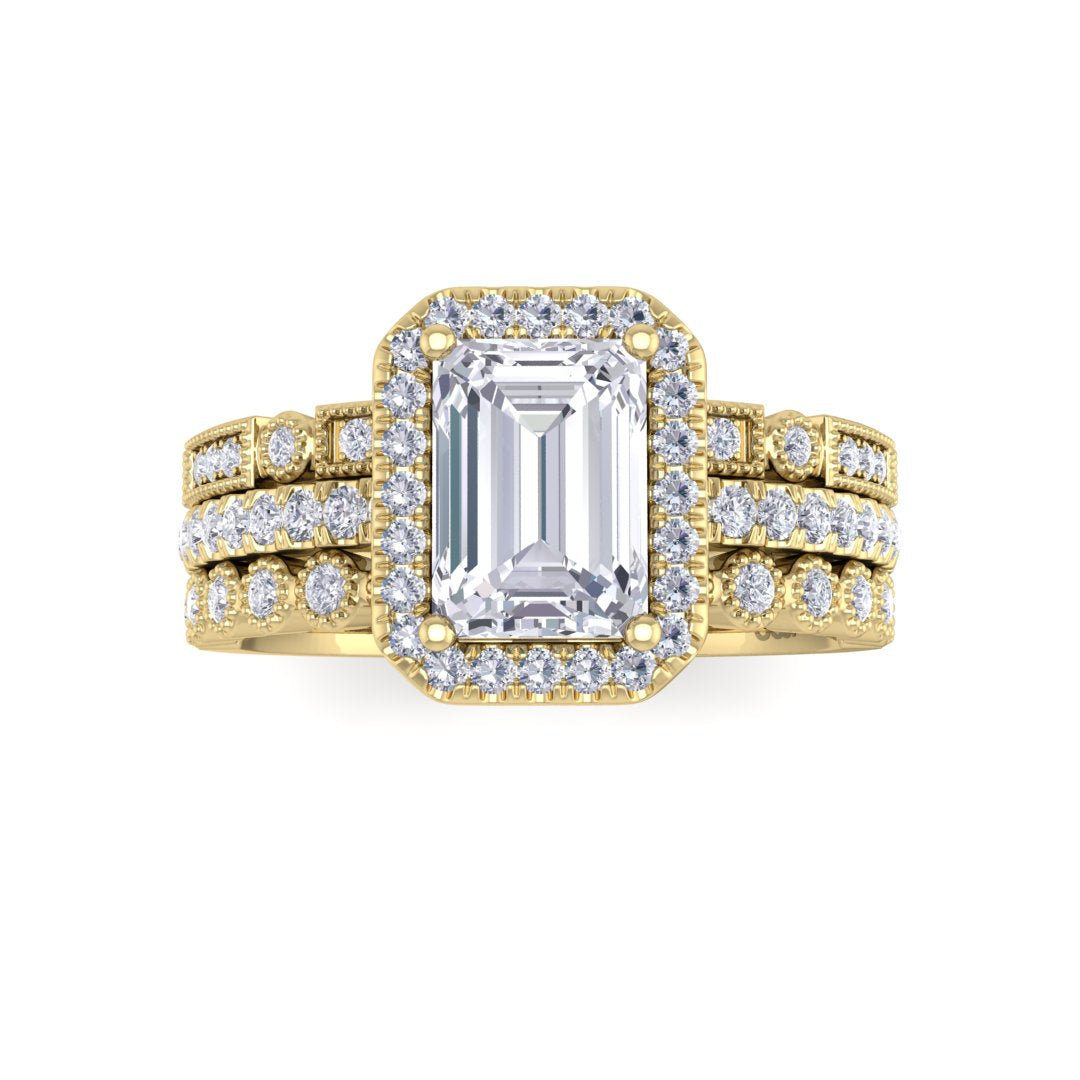 14k Yellow Gold 1.0ct Emerald Cut Diamond Halo Bridal Set 1.5tdw