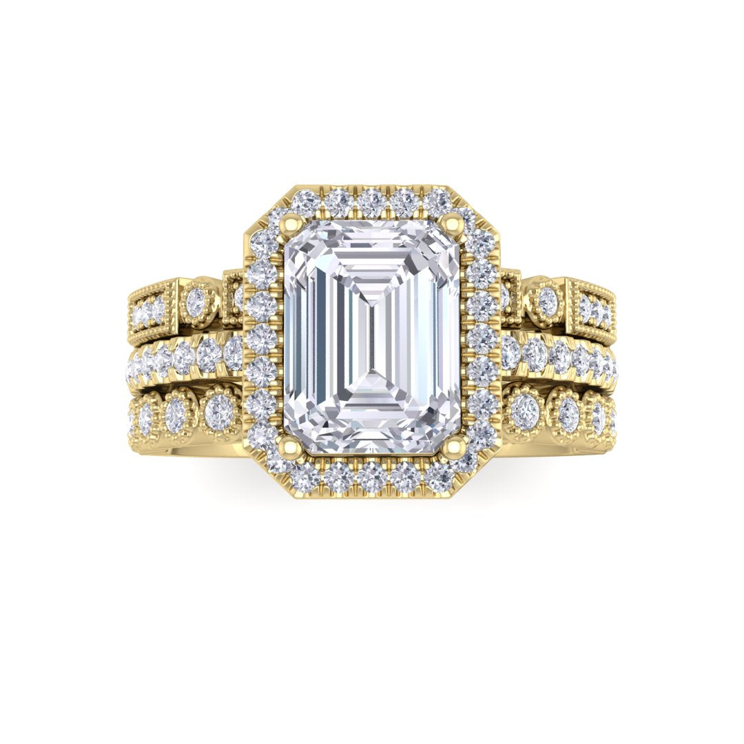 9k Yellow Gold 1.5ct Emerald Cut Diamond Halo Bridal Set 2.0tdw