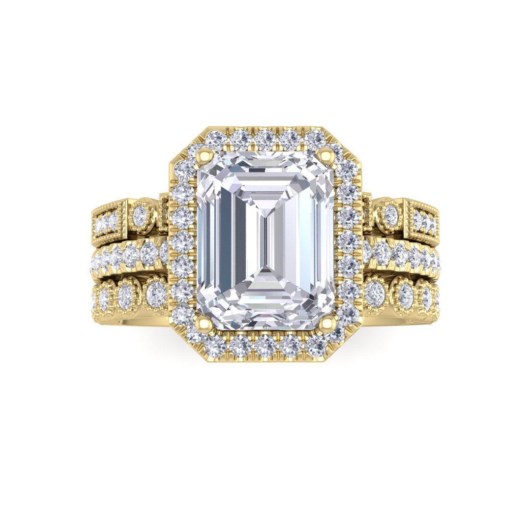 18k Yellow Gold 2.0ct Emerald Cut Diamond Halo Bridal Set 2.5tdw