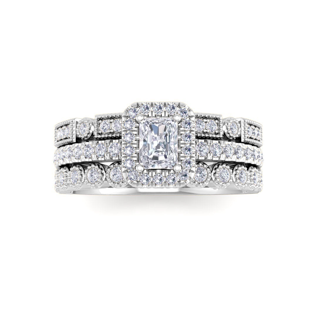 9k White Gold 0.33ct Emerald Cut Diamond Halo Bridal Set 0.83tdw