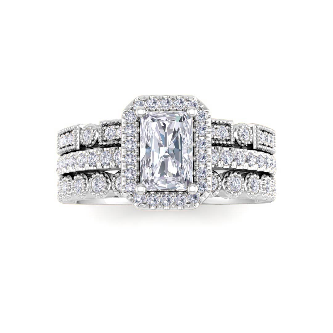 Platinum 0.75ct Emerald Cut Diamond Halo Bridal Set 1.25tdw