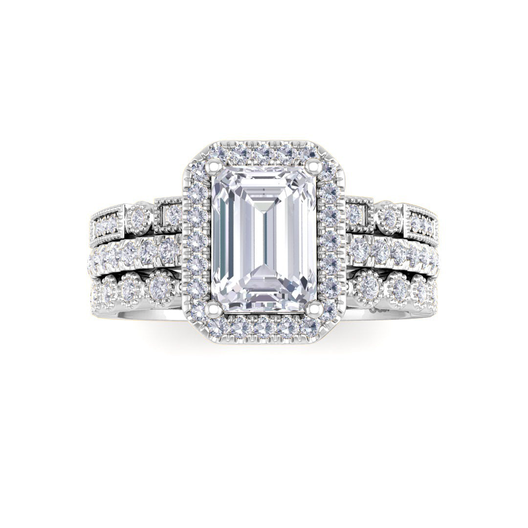 Platinum 1.0ct Emerald Cut Lab Diamond Halo Bridal Set 1.5tdw