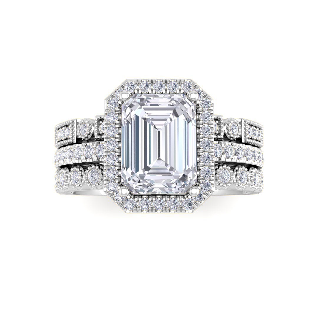 18k White Gold 1.5ct Emerald Cut Diamond Halo Bridal Set 2.0tdw