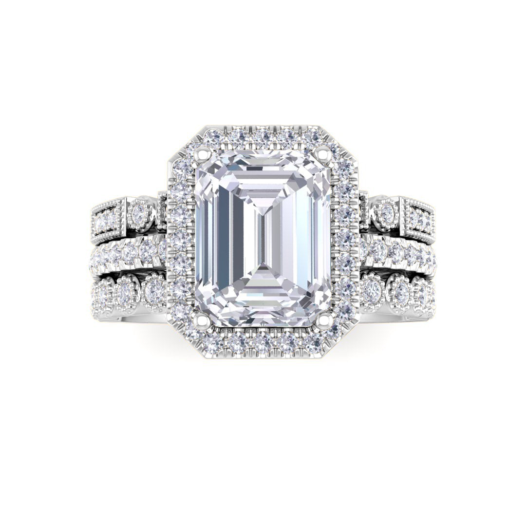 18k White Gold 2.0ct Emerald Cut Diamond Halo Bridal Set 2.5tdw