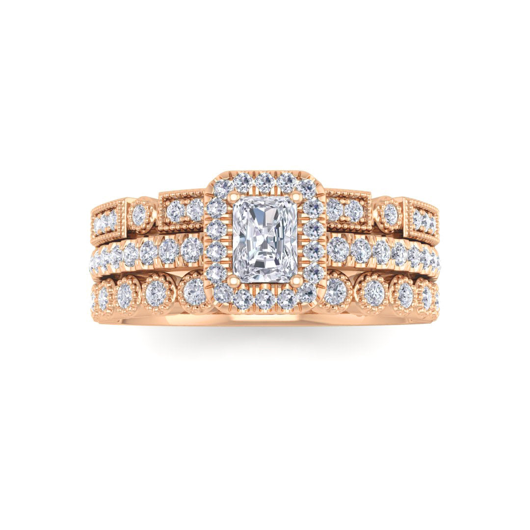 14k Rose Gold 0.33ct Emerald Cut Diamond Halo Bridal Set 0.83tdw
