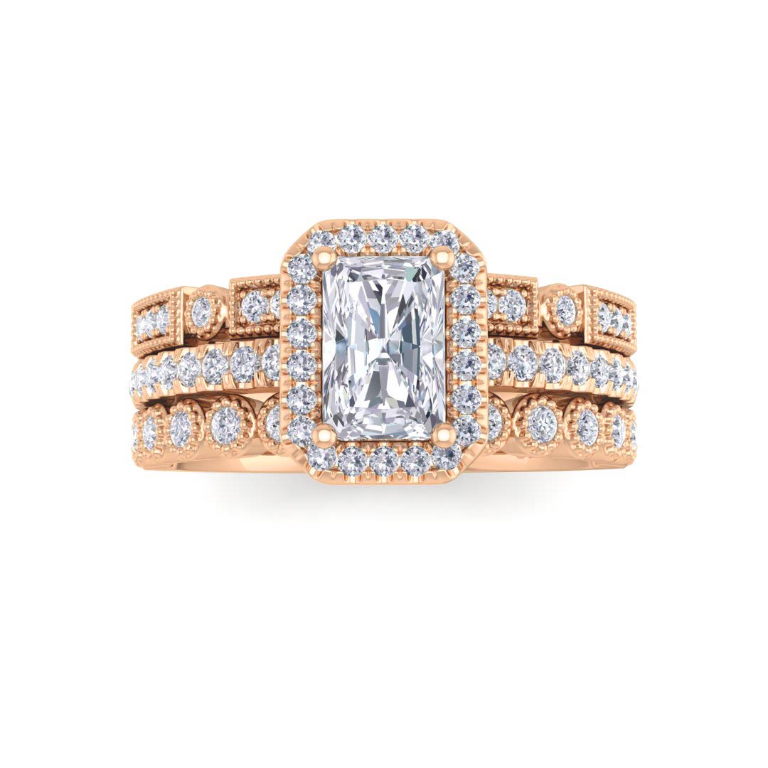 18k Rose Gold 0.5ct Emerald Cut Diamond Halo Bridal Set 1.0tdw