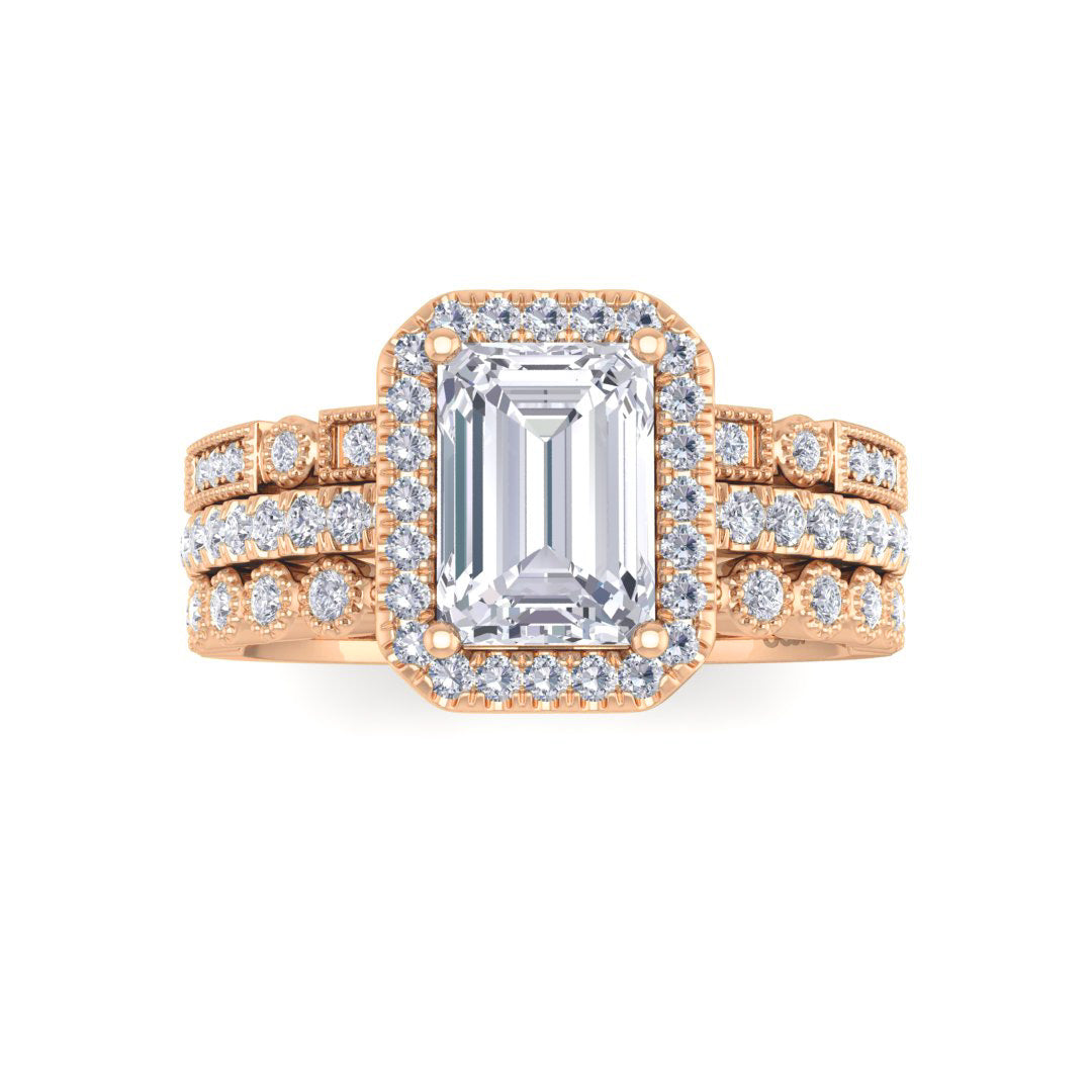 9k Rose Gold 1.0ct Emerald Cut Diamond Halo Bridal Set 1.5tdw