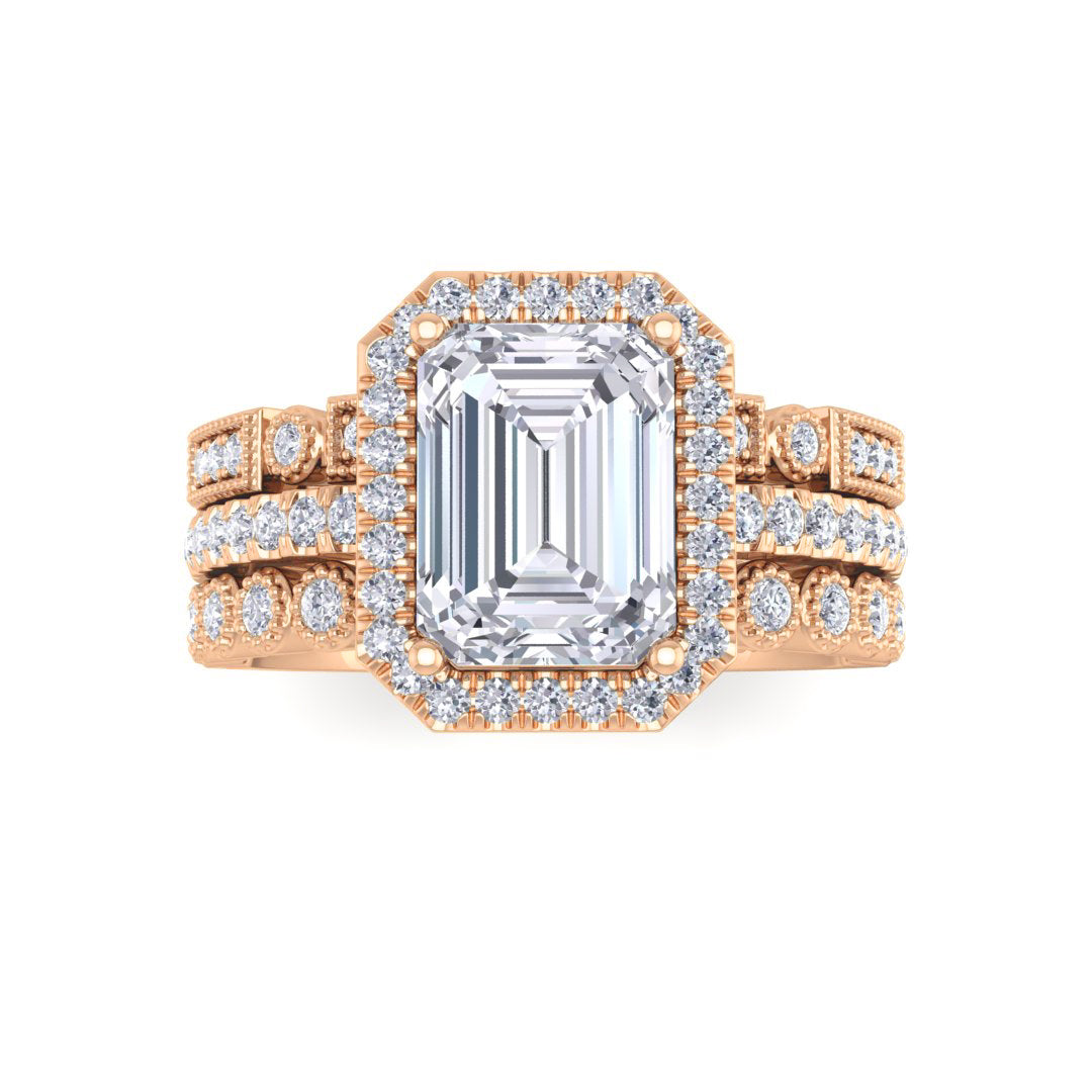 18k Rose Gold 1.5ct Emerald Cut Diamond Halo Bridal Set 2.0tdw