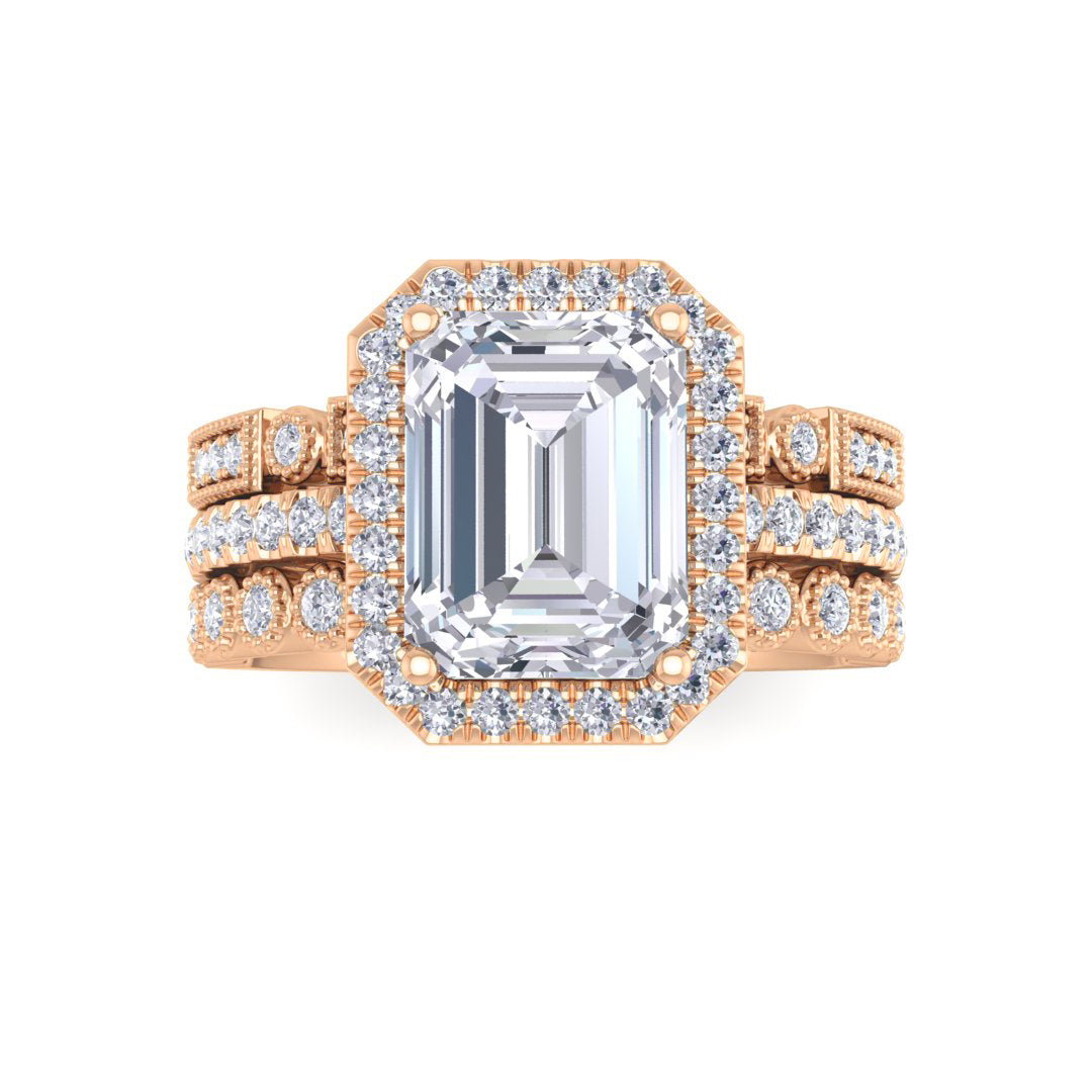 14k Rose Gold 2.0ct Emerald Cut Diamond Halo Bridal Set 2.5tdw
