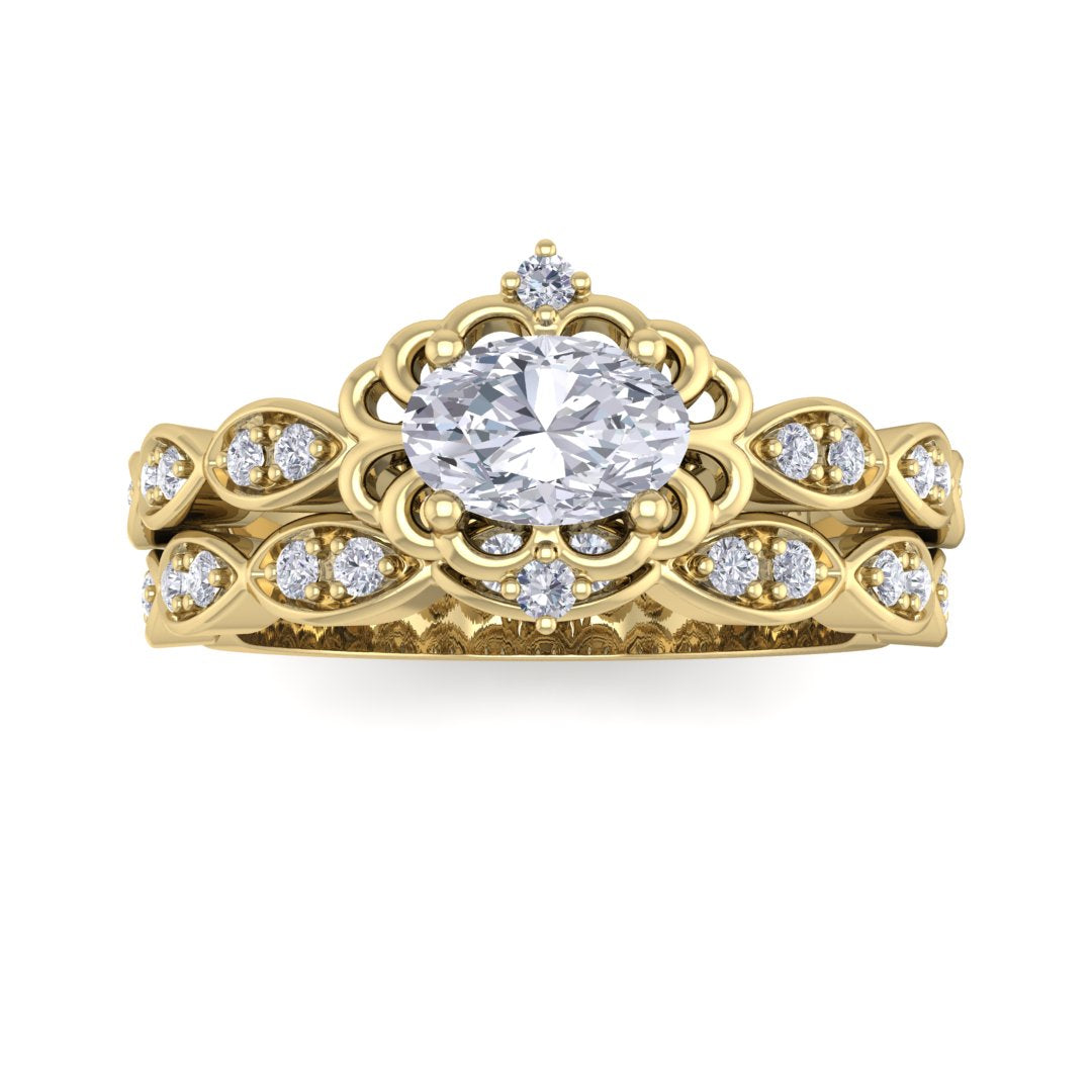 18k Yellow Gold 0.5ct Oval Diamond Filigree Halo Bridal Set 0.7tdw
