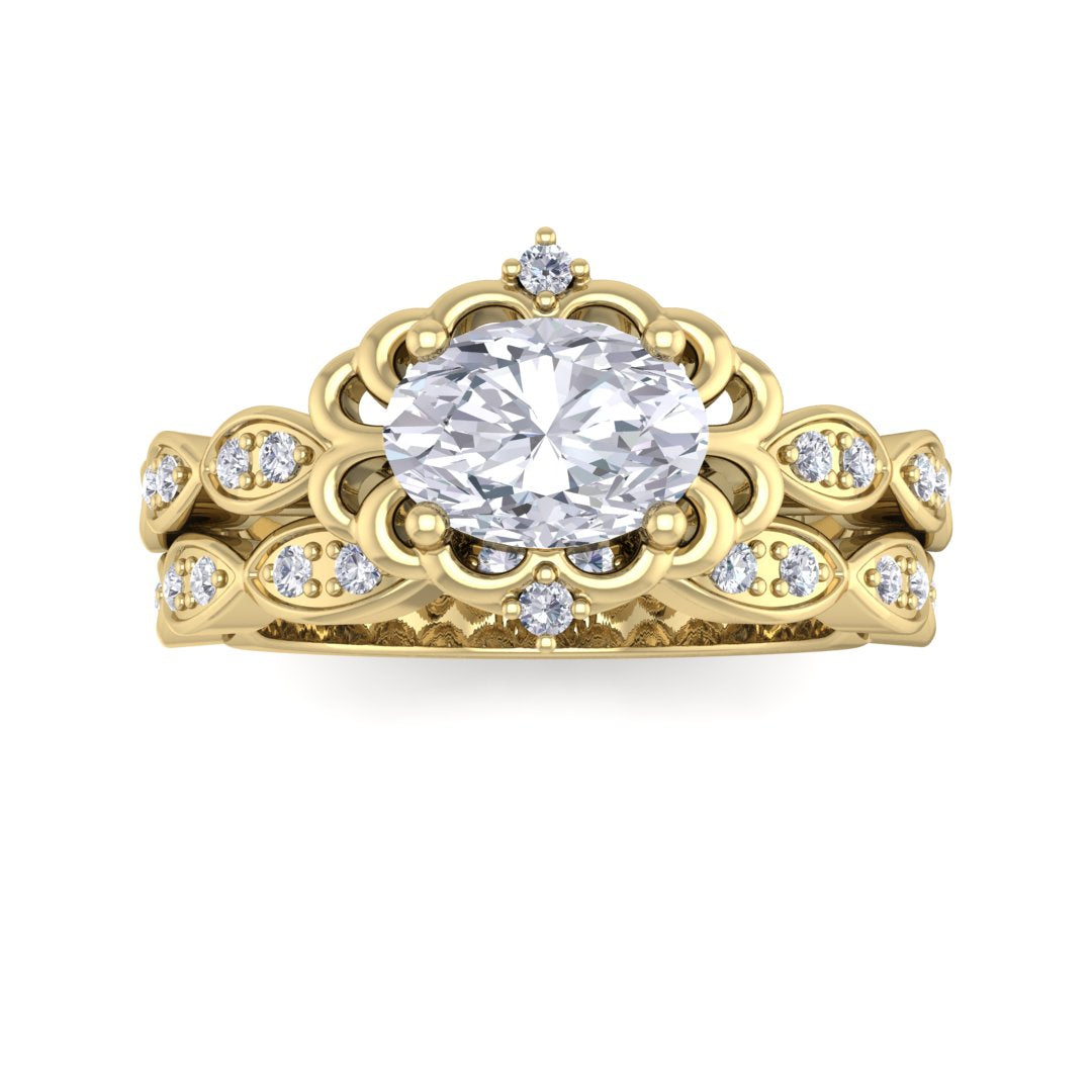 9k Yellow Gold 0.75ct Oval Diamond Filigree Halo Bridal Set 0.95tdw