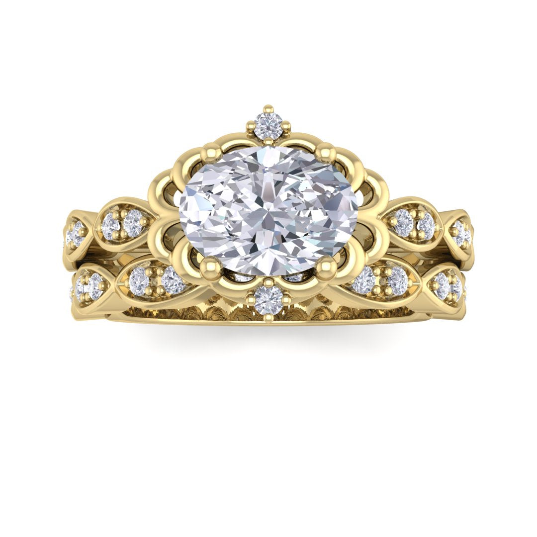 14k Yellow Gold 1.0ct Oval Diamond Filigree Halo Bridal Set 1.2tdw
