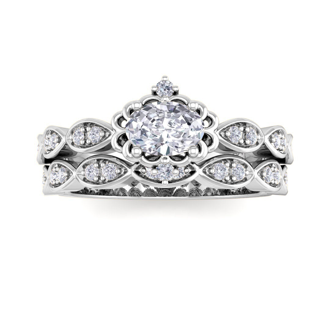9k White Gold 0.33ct Oval Diamond Filigree Halo Bridal Set 0.53tdw