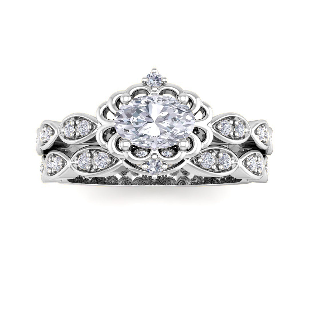 18k White Gold 0.5ct Oval Diamond Filigree Halo Bridal Set 0.7tdw
