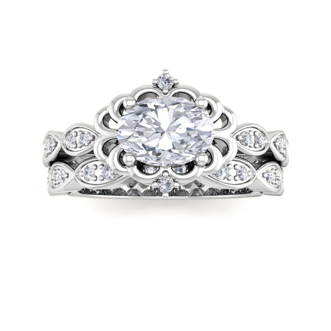 9k White Gold 0.75ct Oval Diamond Filigree Halo Bridal Set 0.95tdw