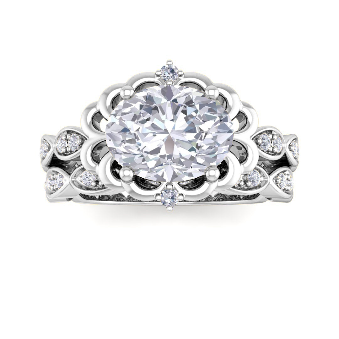 18k White Gold 1.5ct Oval Diamond Filigree Halo Bridal Set 1.7tdw