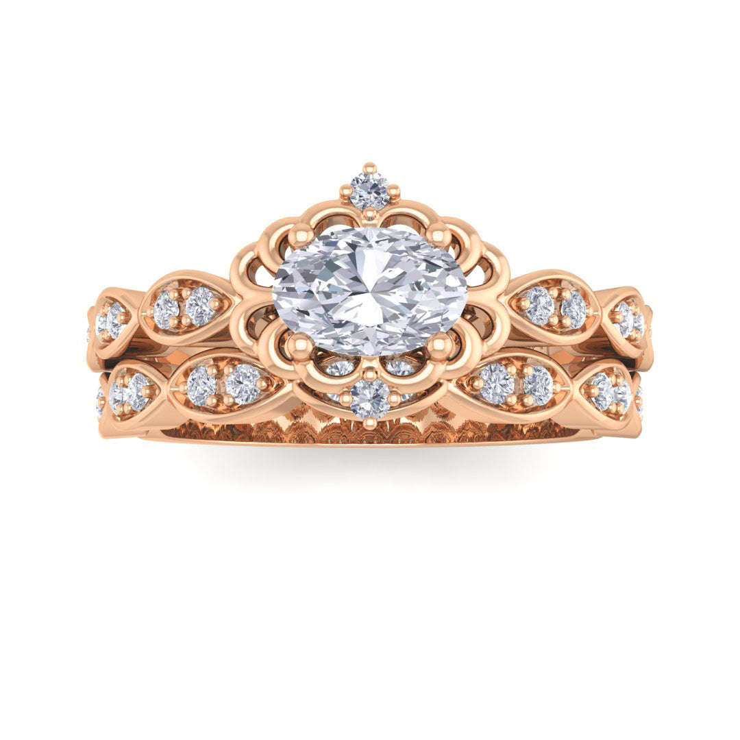 18k Rose Gold 0.5ct Oval Diamond Filigree Halo Bridal Set 0.7tdw
