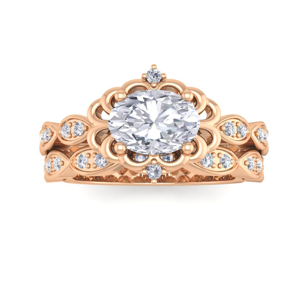 9k Rose Gold 0.75ct Oval Diamond Filigree Halo Bridal Set 0.95tdw