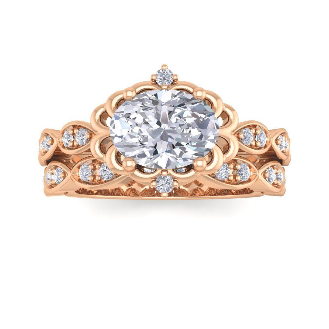 14k Rose Gold 1.0ct Oval Diamond Filigree Halo Bridal Set 1.2tdw