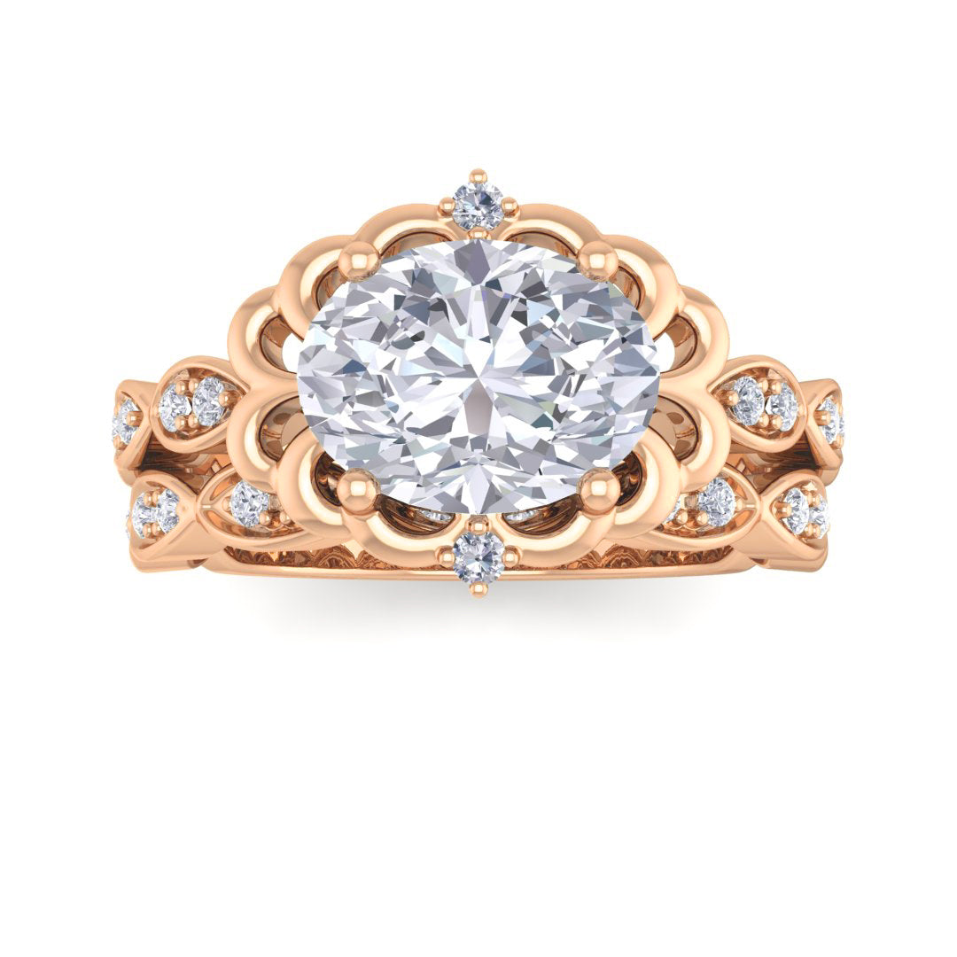 18k Rose Gold 1.5ct Oval Diamond Filigree Halo Bridal Set 1.7tdw