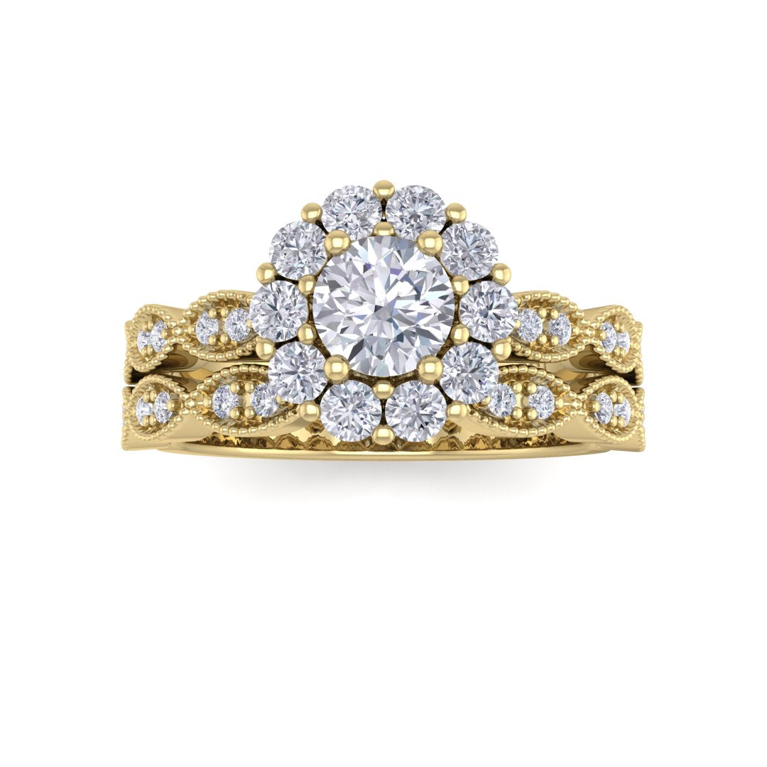 14k Yellow Gold 0.33ct Round Brilliant Diamond Halo Bridal Set 0.88tdw