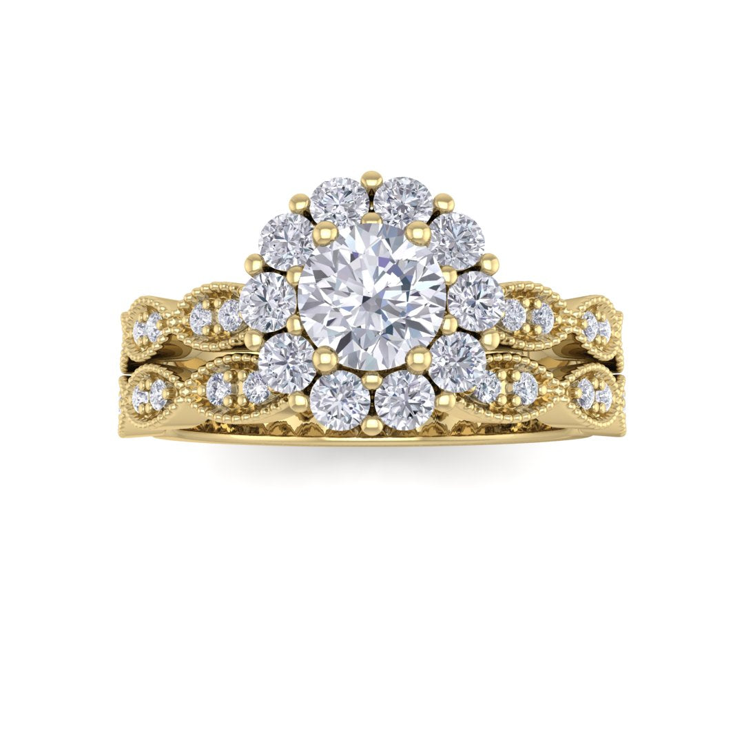 9k Yellow Gold 0.5ct Round Brilliant Diamond Halo Bridal Set 1.05tdw