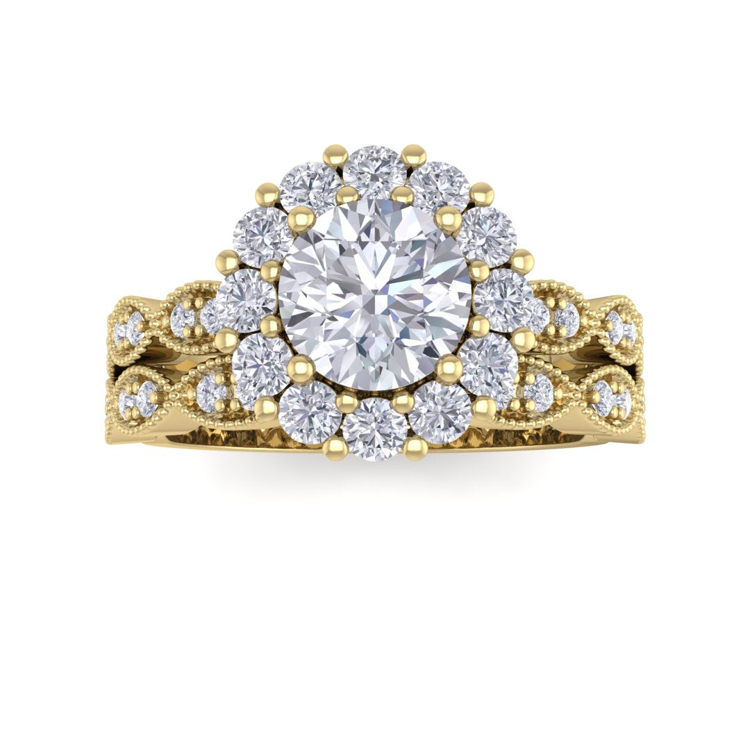 14k Yellow Gold 0.75ct Round Brilliant Diamond Halo Bridal Set 1.3tdw