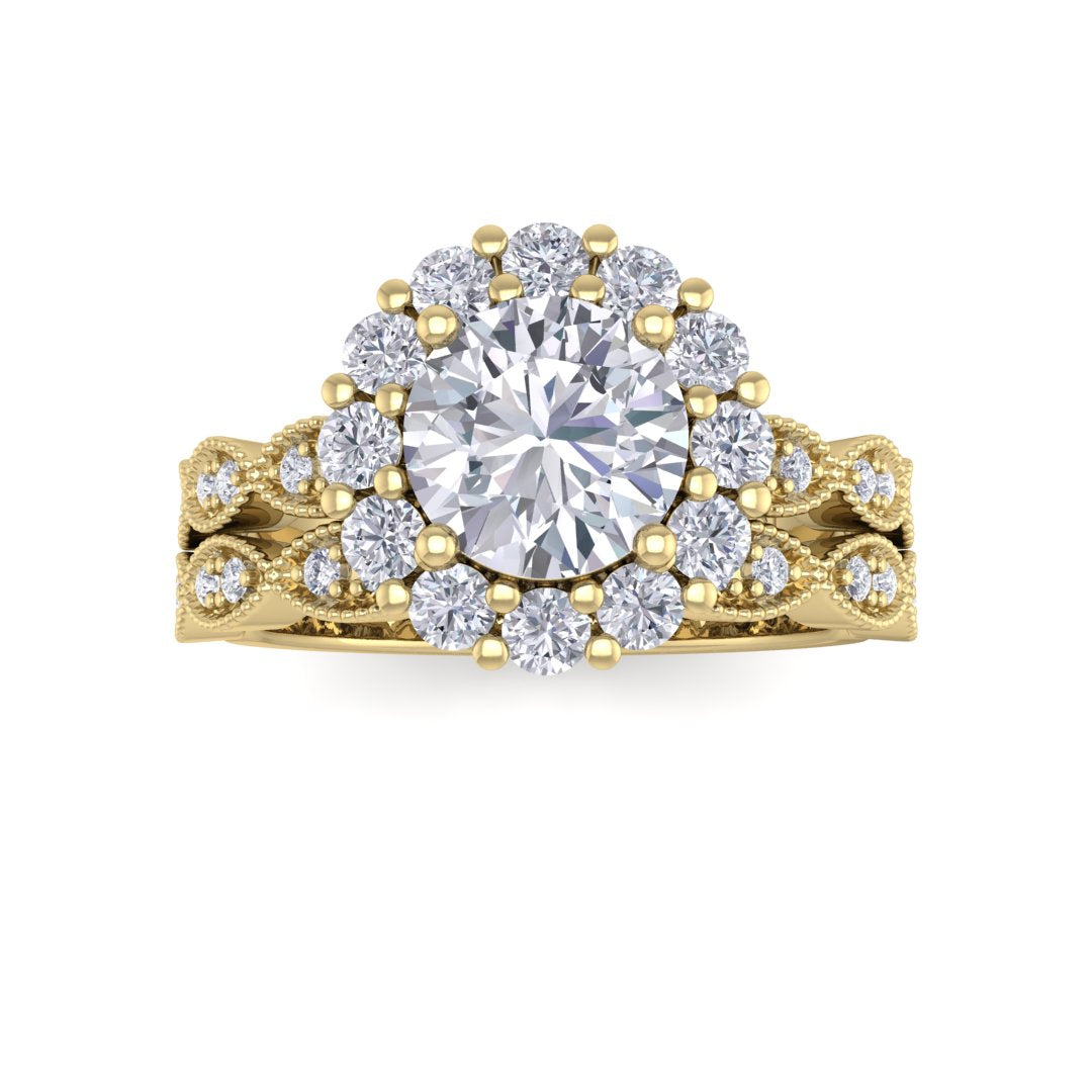 14k Yellow Gold 1.0ct Round Brilliant Diamond Halo Bridal Set 1.55tdw