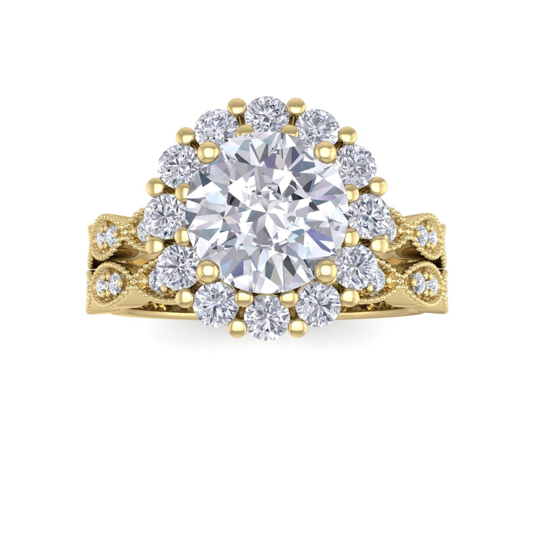 18k Yellow Gold 1.5ct Round Brilliant Diamond Halo Bridal Set 2.05tdw