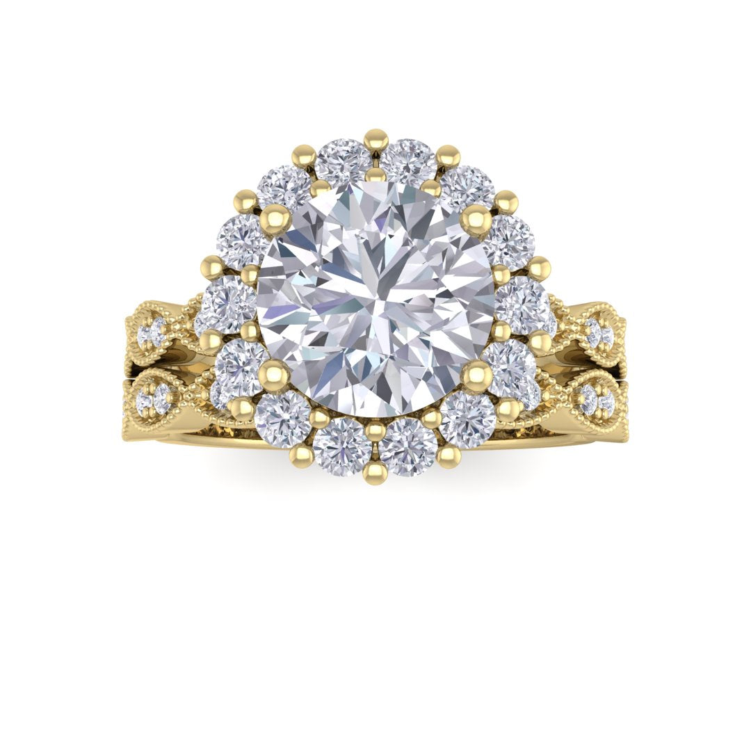 18k Yellow Gold 2.0ct Round Brilliant Diamond Halo Bridal Set 2.55tdw