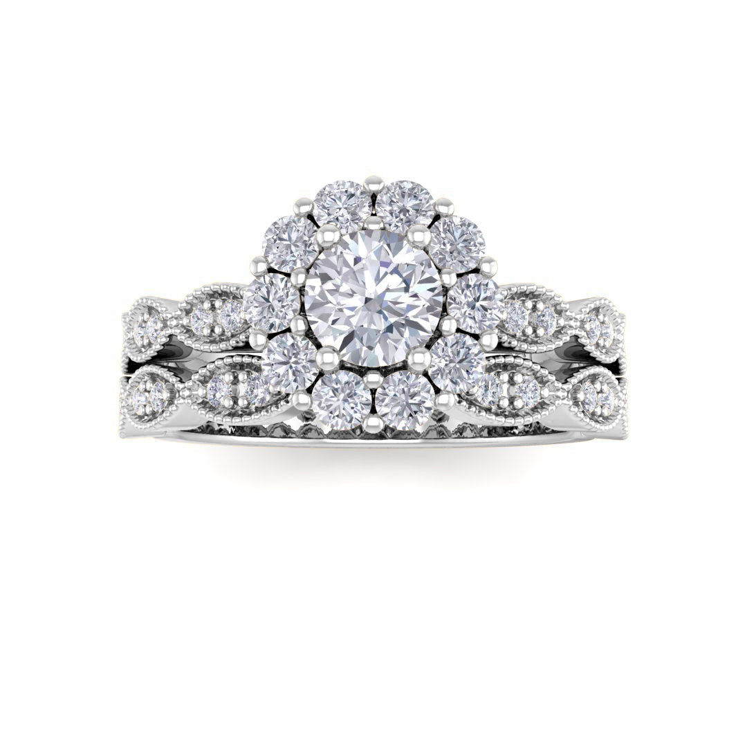 14k White Gold 0.33ct Round Brilliant Diamond Halo Bridal Set 0.88tdw