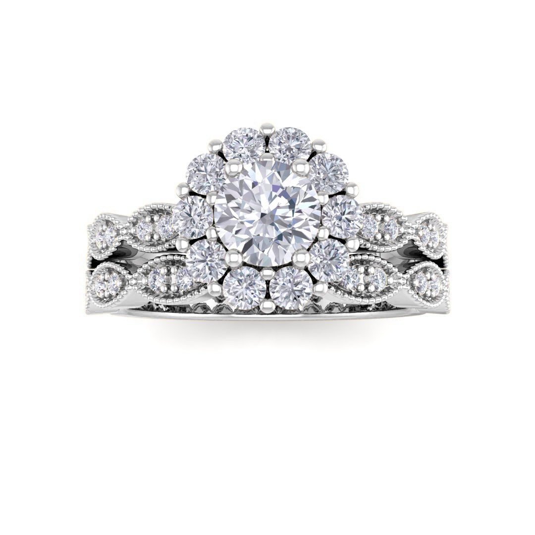 9k White Gold 0.5ct Round Brilliant Diamond Halo Bridal Set 1.05tdw