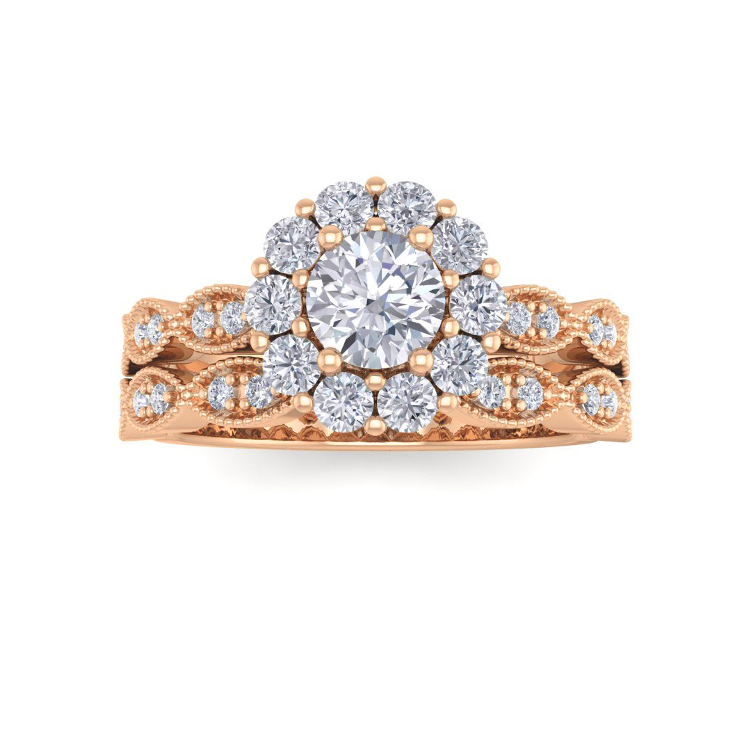 18k Rose Gold 0.33ct Round Brilliant Diamond Halo Bridal Set 0.88tdw