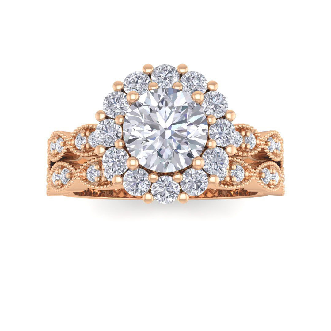 18k Rose Gold 0.75ct Round Brilliant Diamond Halo Bridal Set 1.3tdw
