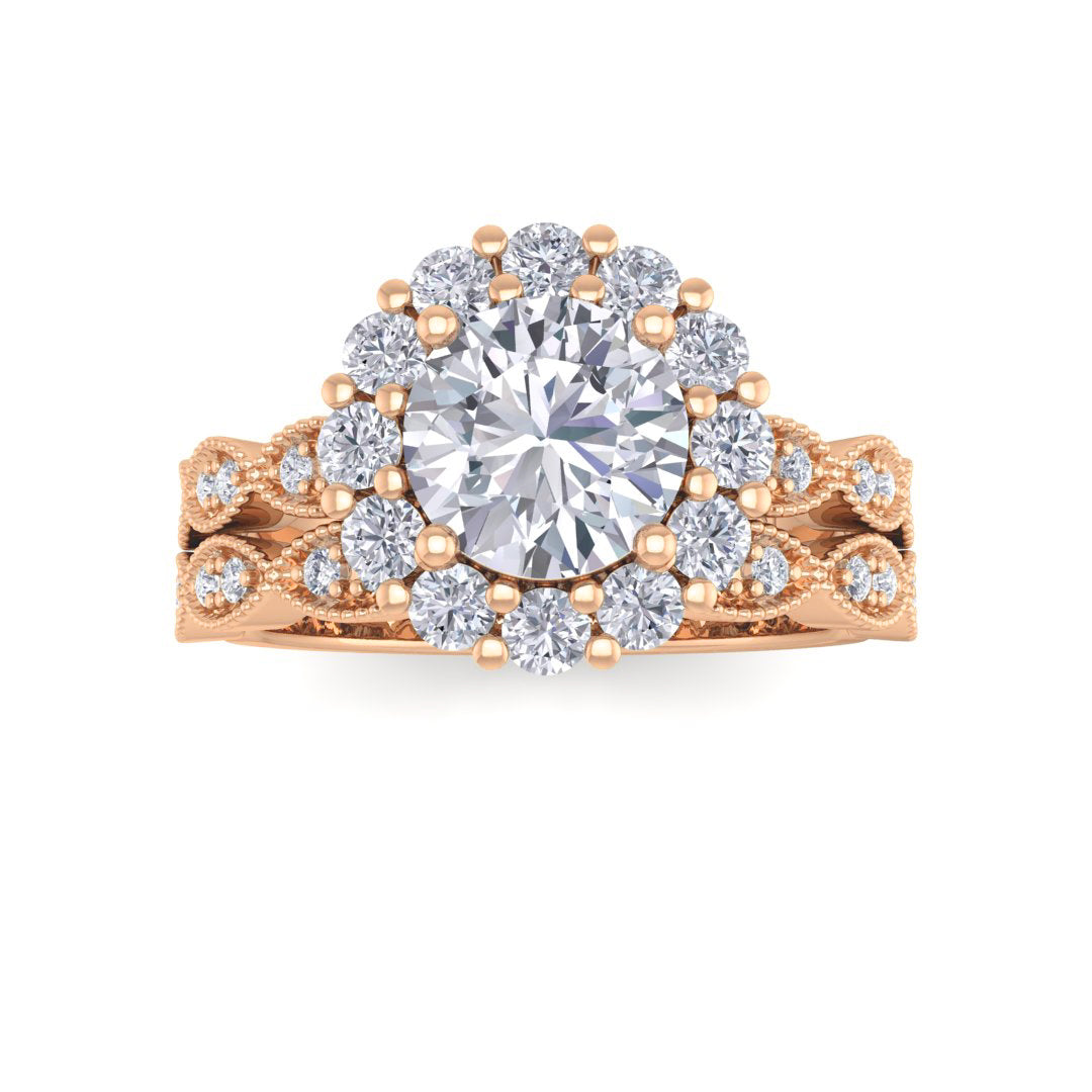 18k Rose Gold 1.0ct Round Brilliant Diamond Halo Bridal Set 1.55tdw