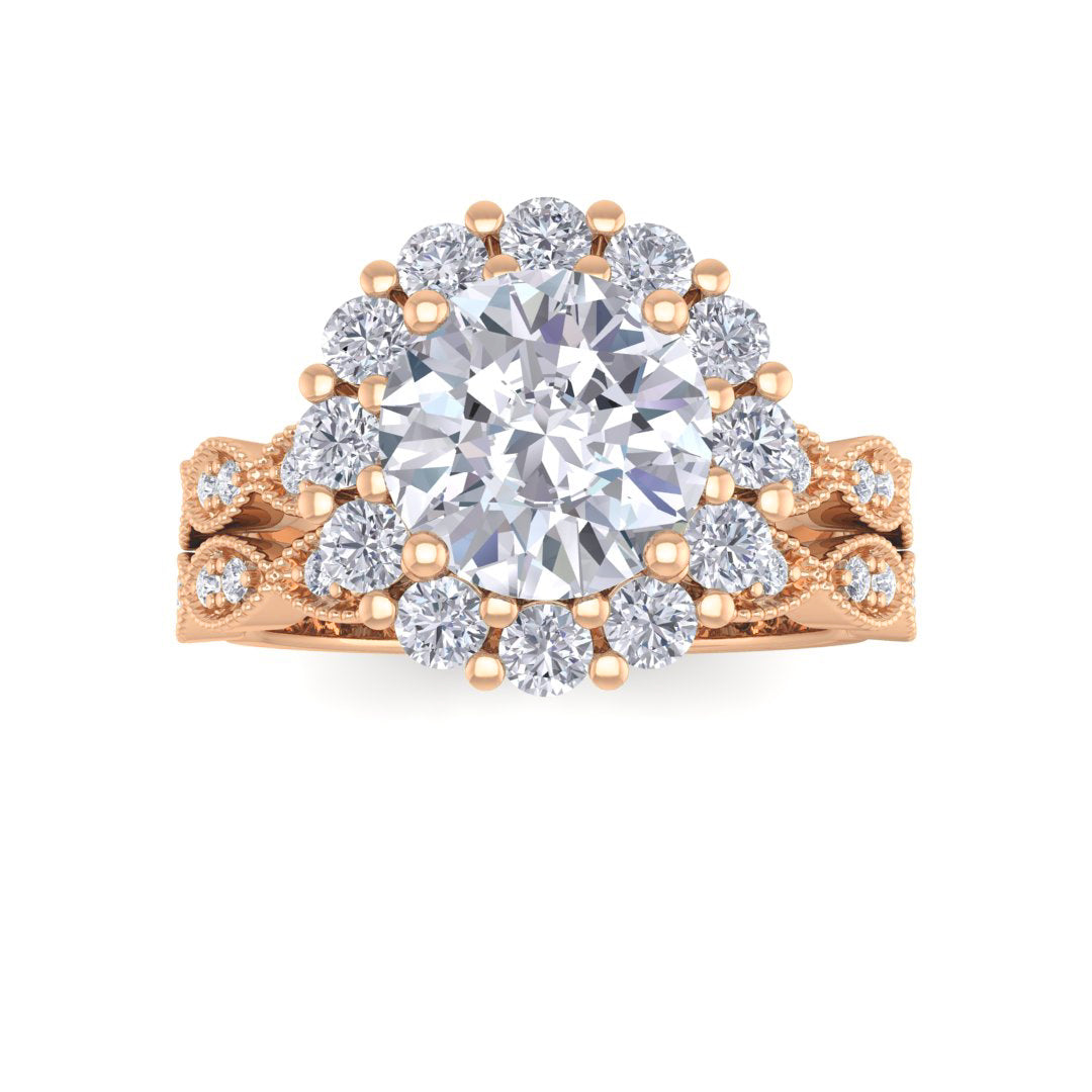 18k Rose Gold 1.5ct Round Brilliant Diamond Halo Bridal Set 2.05tdw