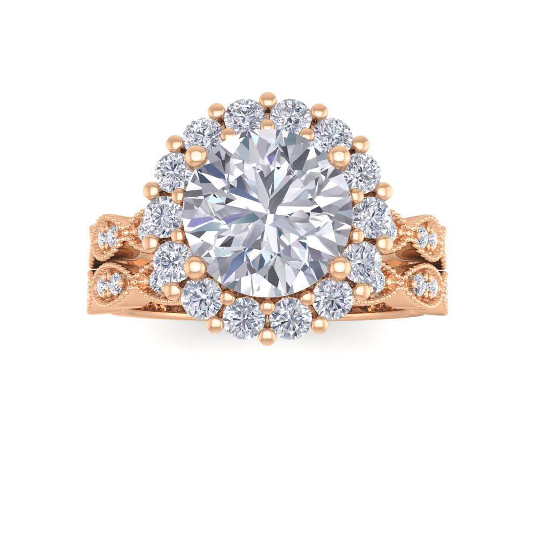 9k Rose Gold 2.0ct Round Brilliant Diamond Halo Bridal Set 2.55tdw