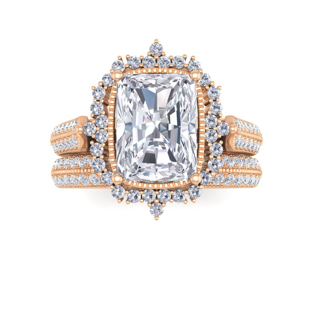 9k Rose Gold 1.5ct Emerald Cut Diamond Vintage Halo Bridal Set 2.0tdw