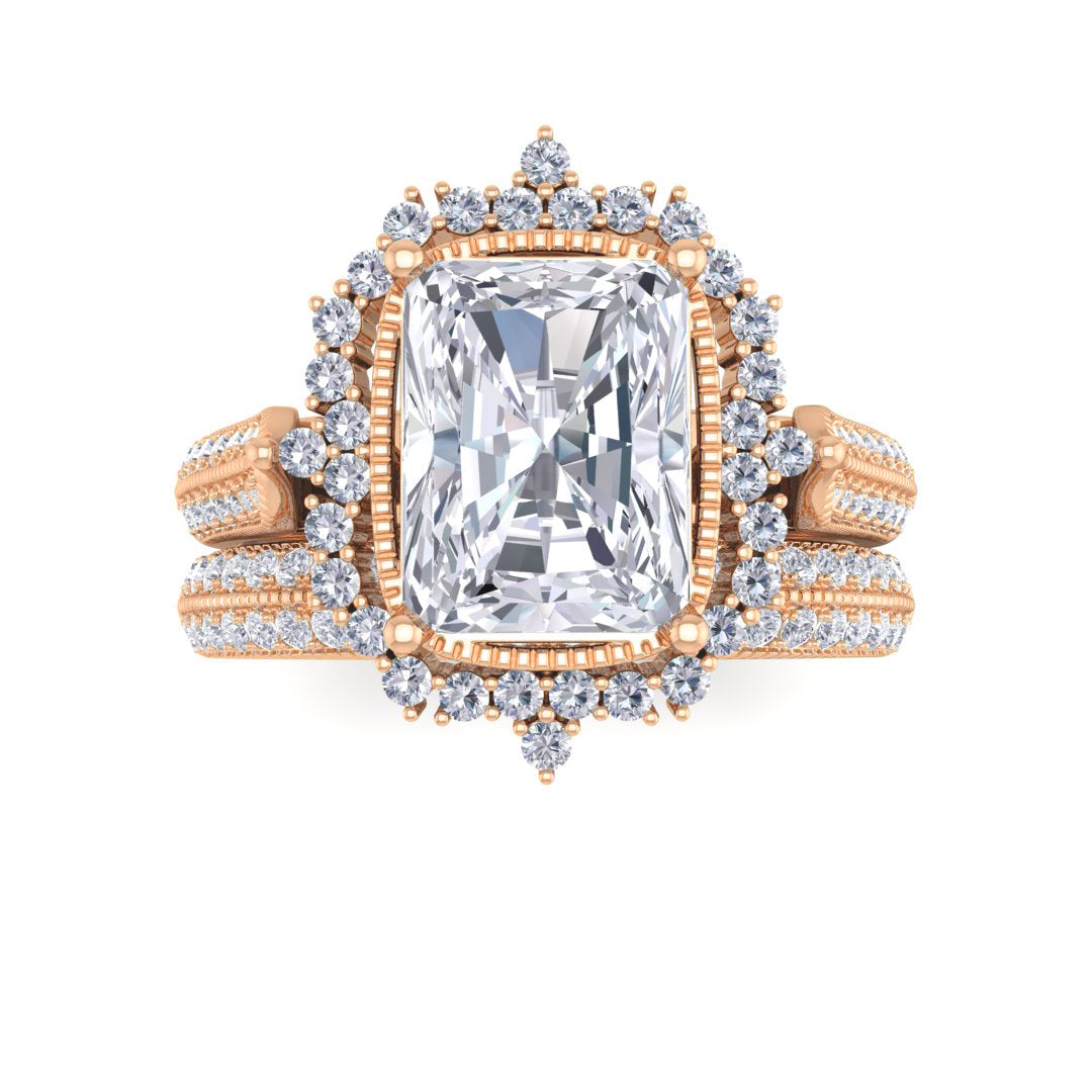 9k Rose Gold 2.0ct Emerald Cut Diamond Vintage Halo Bridal Set 2.5tdw