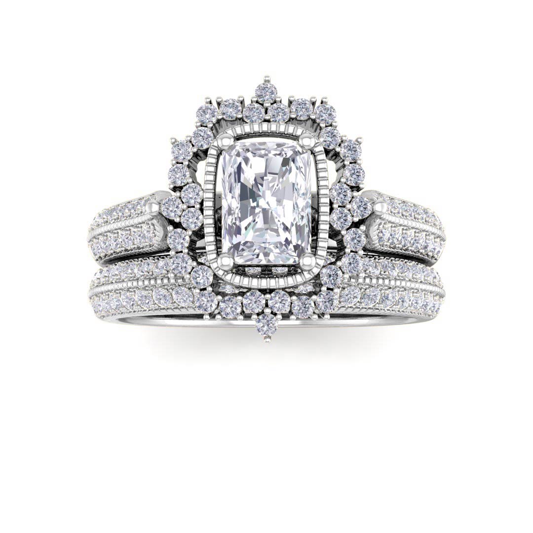 9k White Gold 0.33ct Emerald Cut Diamond Vintage Halo Bridal Set 0.83tdw