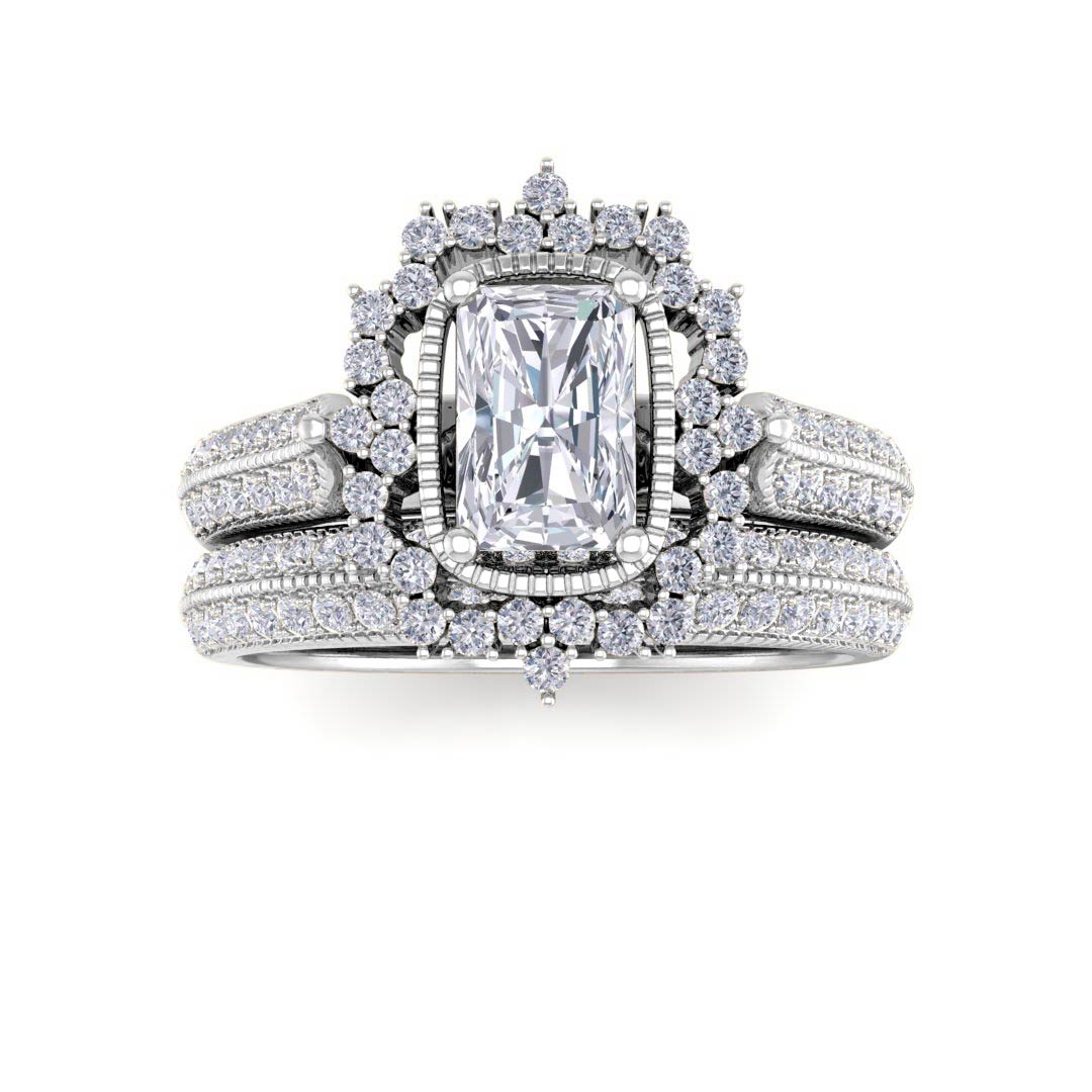 14k White Gold 0.5ct Emerald Cut Diamond Vintage Halo Bridal Set 1.0tdw