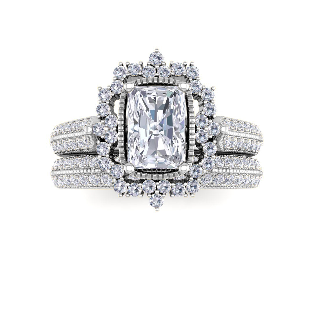 Platinum 0.75ct Emerald Cut Diamond Vintage Halo Bridal Set 1.25tdw