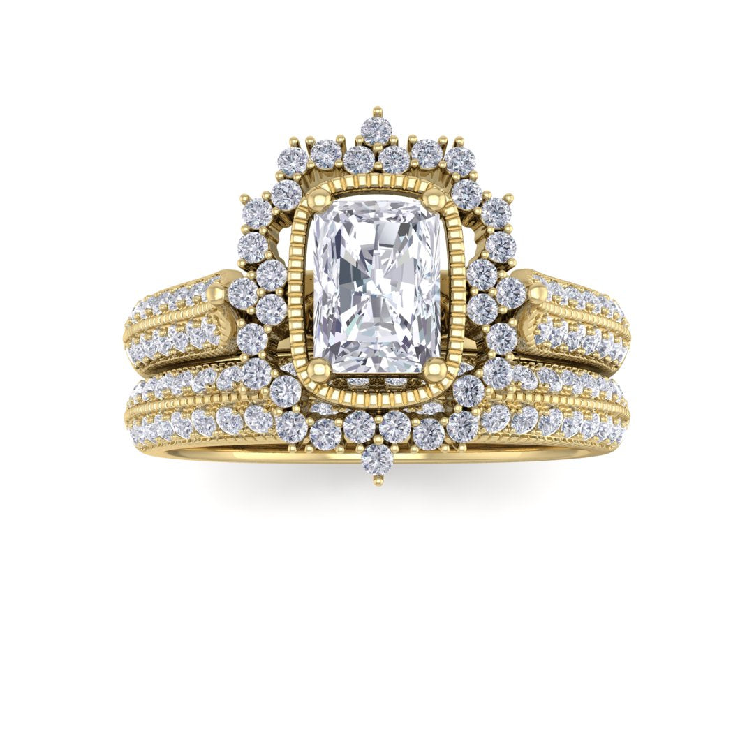 14k Yellow Gold 0.33ct Emerald Cut Diamond Vintage Halo Bridal Set 0.83tdw