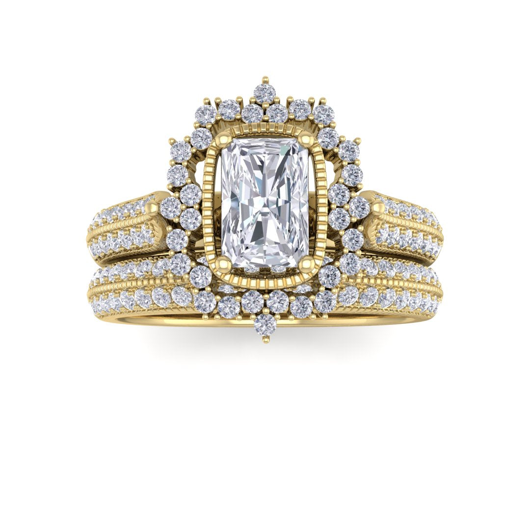 18k Yellow Gold 0.5ct Emerald Cut Diamond Vintage Halo Bridal Set 1.0tdw