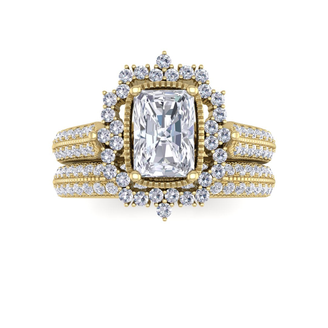 9k Yellow Gold 0.75ct Emerald Cut Diamond Vintage Halo Bridal Set 1.25tdw