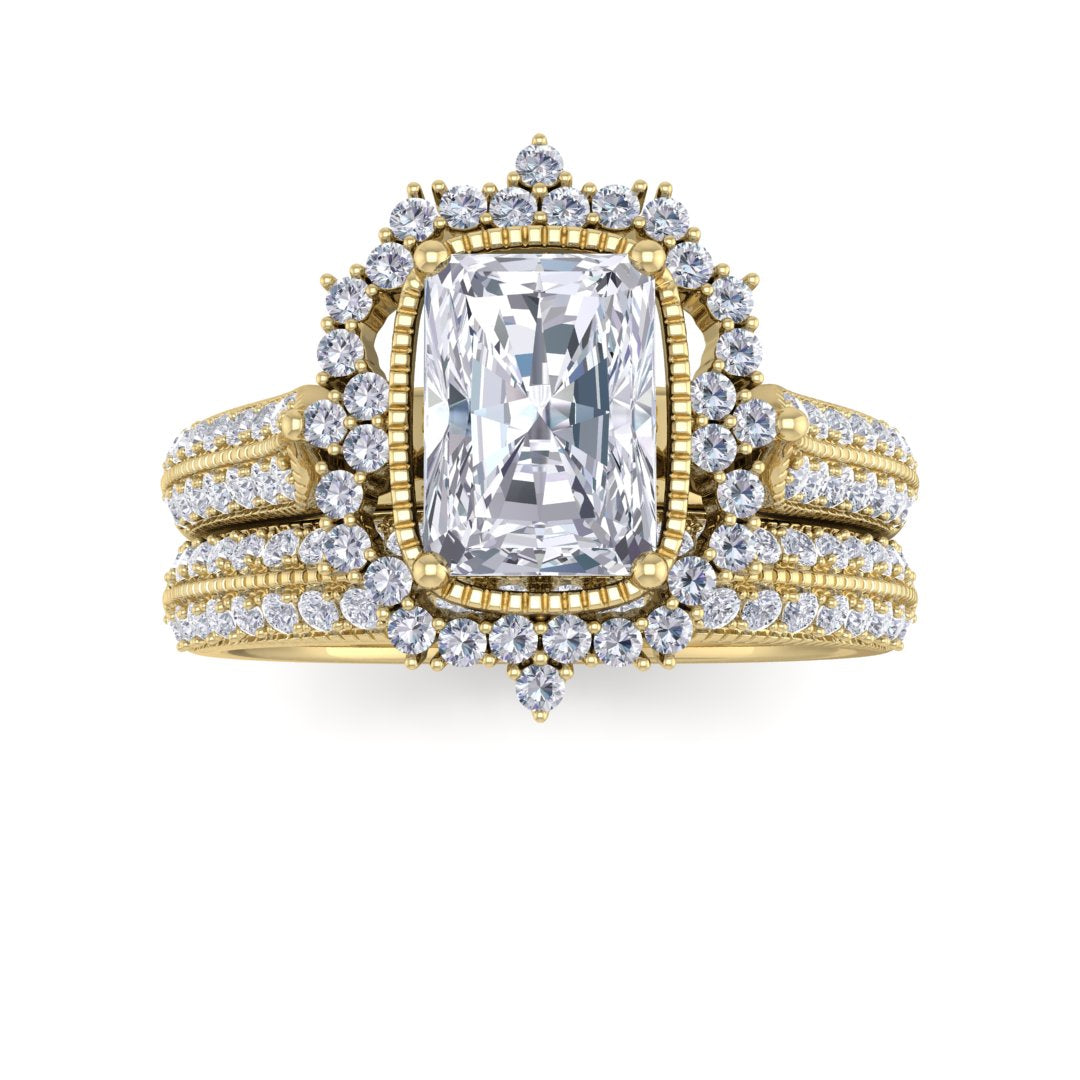 9k Yellow Gold 1.0ct Emerald Cut Diamond Vintage Halo Bridal Set 1.5tdw