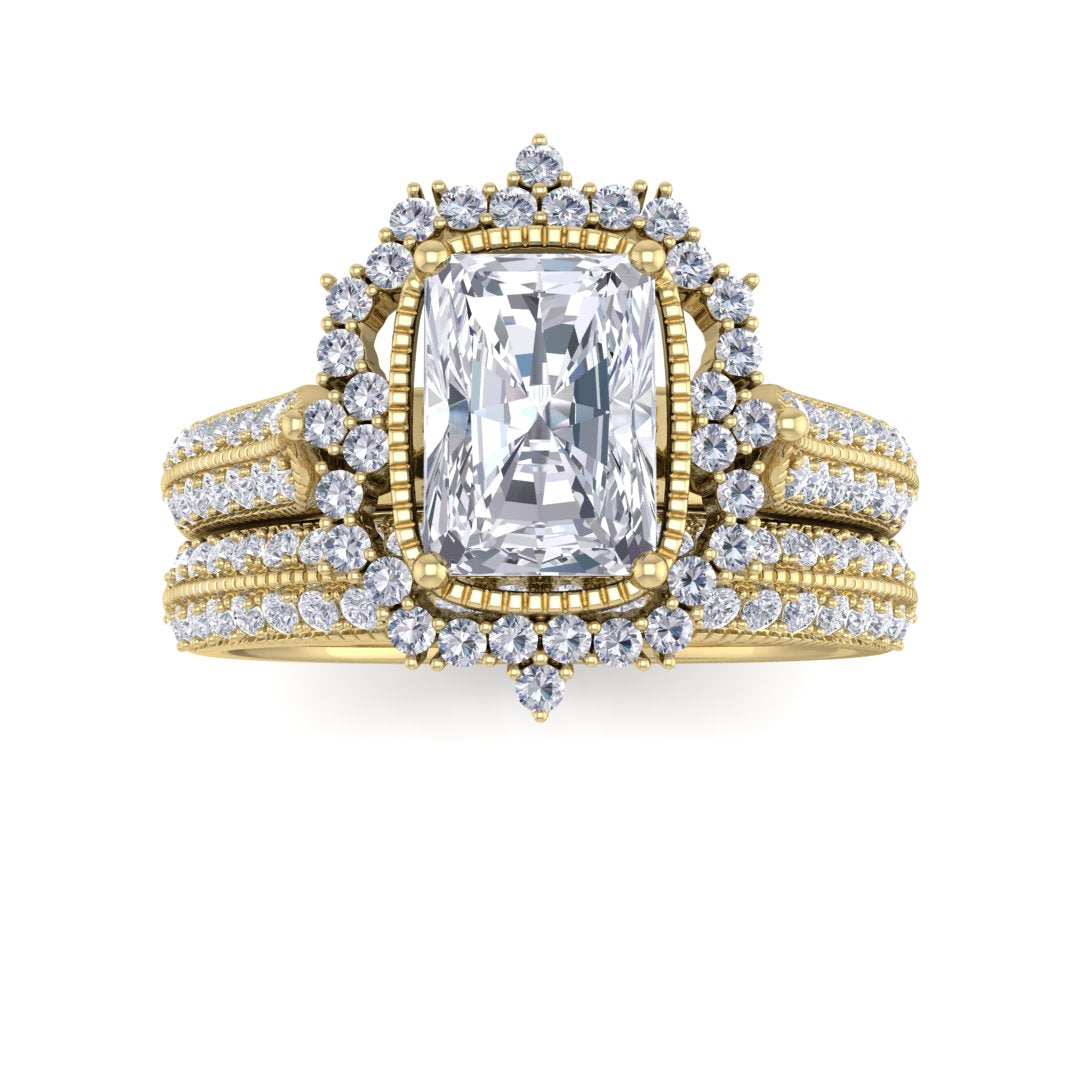 18k Yellow Gold 1.0ct Emerald Cut Lab Diamond Vintage Halo Bridal Set 1.5tdw